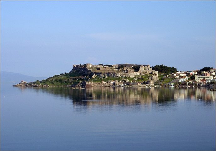 Mytilene Castle from across the Malleois harbour